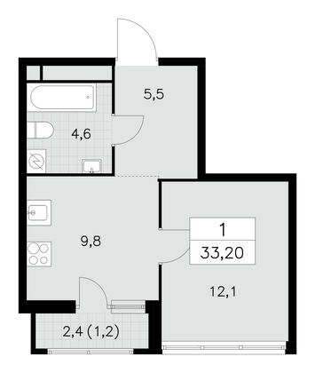 33,2 м², своб. планировка, 16/30 этаж