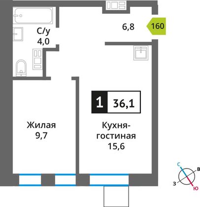 Продажа 1-комнатной квартиры 36,1 м², 4/6 этаж