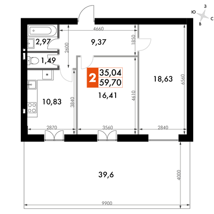 59,5 м², 2-комн. квартира, 1/4 этаж