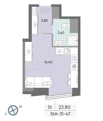 Продажа квартиры-студии 23,8 м², 47/58 этаж