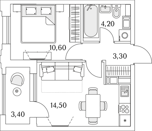 34,3 м², 1-комн. квартира, 12/13 этаж