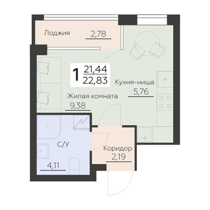 Продажа 1-комнатной квартиры 22,8 м², 5 этаж