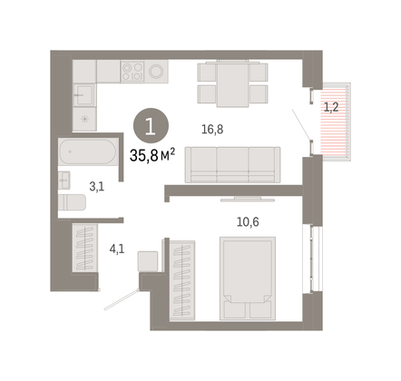 Продажа 1-комнатной квартиры 35,8 м², 28/31 этаж