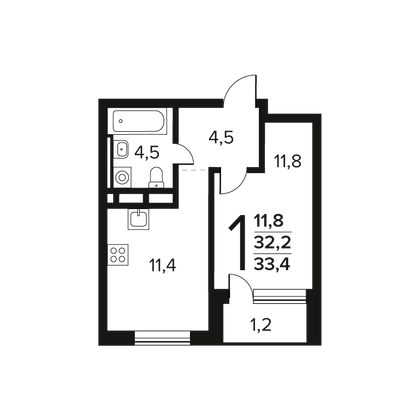 Продажа 1-комнатной квартиры 33,2 м², 9/11 этаж