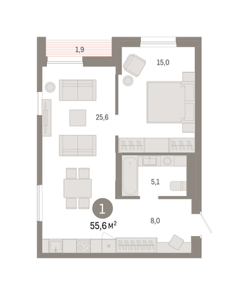 Продажа 1-комнатной квартиры 55,6 м², 11/17 этаж
