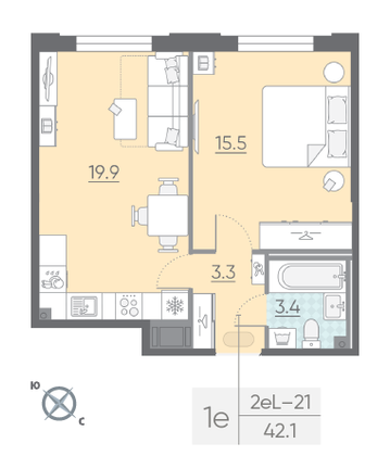 Продажа 1-комнатной квартиры 42,1 м², 5/23 этаж