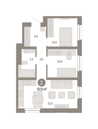 57,5 м², 2-комн. квартира, 23/31 этаж