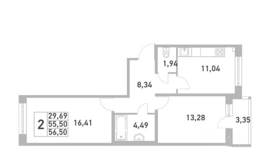 Продажа 2-комнатной квартиры 56,5 м², 3/12 этаж