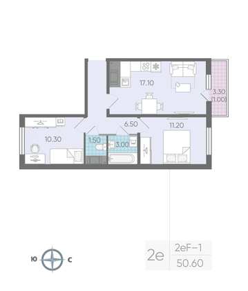 Продажа 2-комнатной квартиры 50,6 м², 16/16 этаж