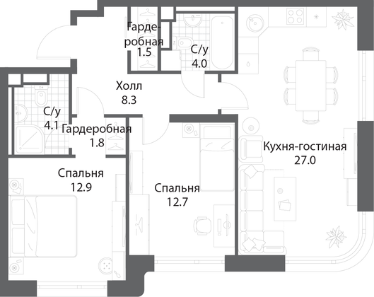 Продажа 2-комнатной квартиры 72,3 м², 3/35 этаж