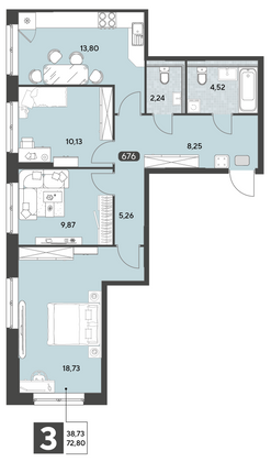 Продажа 3-комнатной квартиры 72,8 м², 9/25 этаж