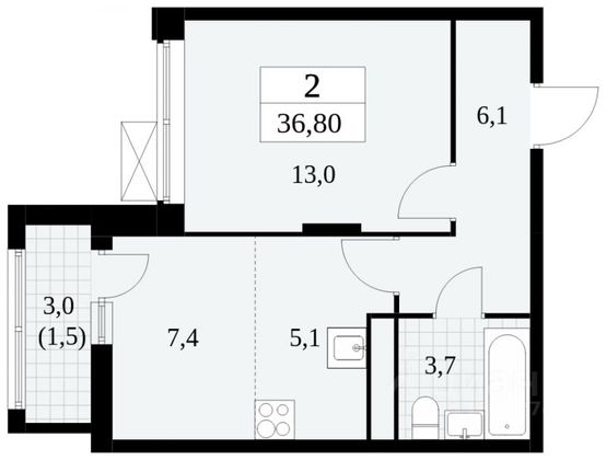 Продажа 2-комнатной квартиры 36,8 м², 14/16 этаж