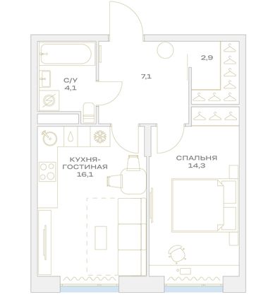 Продажа 1-комнатной квартиры 44,5 м², 7/23 этаж