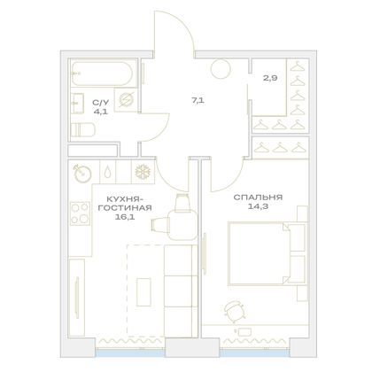 Продажа 1-комнатной квартиры 44,5 м², 7/23 этаж