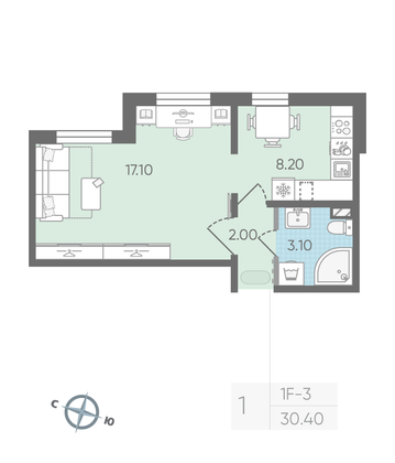 Продажа 1-комнатной квартиры 30,4 м², 1/24 этаж