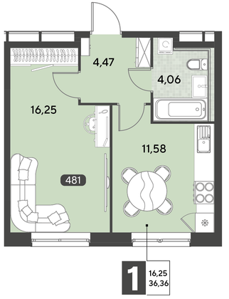 Продажа 1-комнатной квартиры 36,4 м², 14/21 этаж