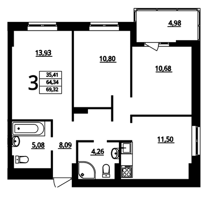69,3 м², 3-комн. квартира, 2/16 этаж