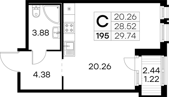 29,7 м², студия, 6/15 этаж