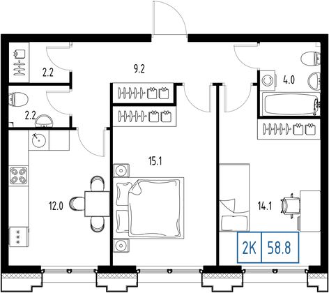 58,8 м², 2-комн. квартира, 2/9 этаж