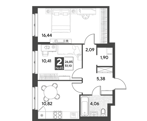 Продажа 2-комнатной квартиры 51,1 м², 7/25 этаж