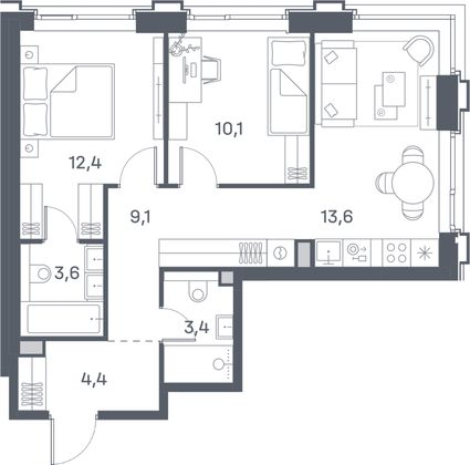 56,6 м², 2-комн. квартира, 5/29 этаж