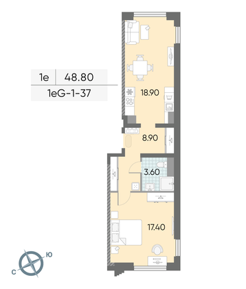 Продажа 1-комнатной квартиры 48,8 м², 37/58 этаж
