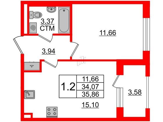 Продажа 1-комнатной квартиры 34,1 м², 1/4 этаж