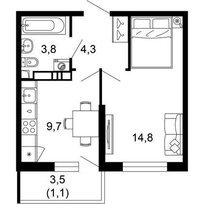 33,7 м², 1-комн. квартира, 2/17 этаж