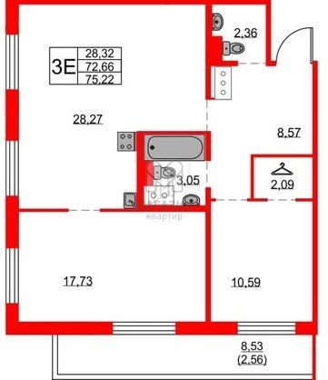 Продажа 2-комнатной квартиры 75,2 м², 24/25 этаж