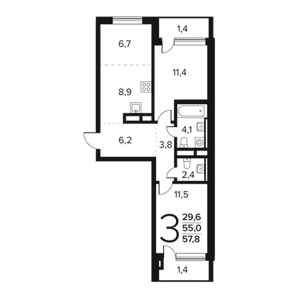 57,8 м², 3-комн. квартира, 3/11 этаж