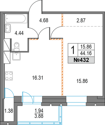 44,2 м², 1-комн. квартира, 16/25 этаж