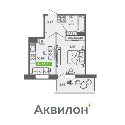 33,5 м², 1-комн. квартира, 7/9 этаж