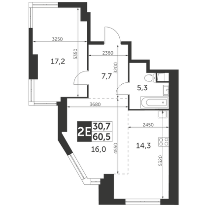 60,5 м², 2-комн. квартира, 36/47 этаж