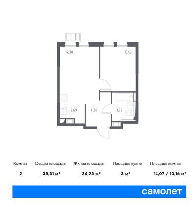 Продажа 2-комнатной квартиры 35,3 м², 14/17 этаж