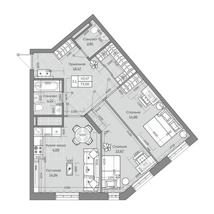 73,9 м², 3-комн. квартира, 16/25 этаж