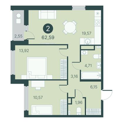 62,6 м², 2-комн. квартира, 2/10 этаж