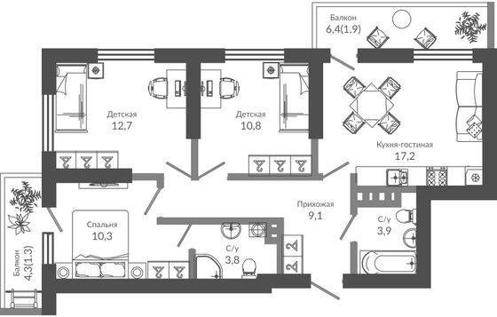 71,2 м², 3-комн. квартира, 3/12 этаж