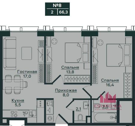 Продажа 2-комнатной квартиры 66,3 м², 8/15 этаж