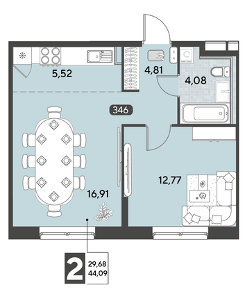 Продажа 2-комнатной квартиры 44,1 м², 21/25 этаж