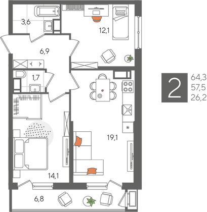 Продажа 2-комнатной квартиры 64,3 м², 20/24 этаж