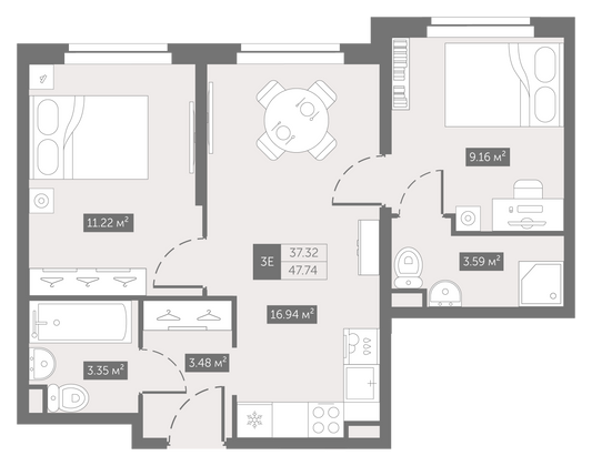 47,7 м², 2-комн. квартира, 11/11 этаж