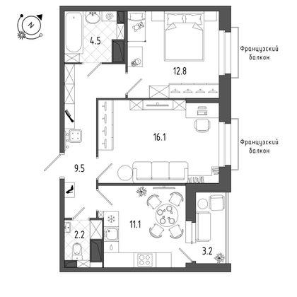 58,3 м², 2-комн. квартира, 4/8 этаж