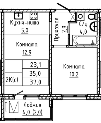 37 м², 2-комн. квартира, 6/17 этаж