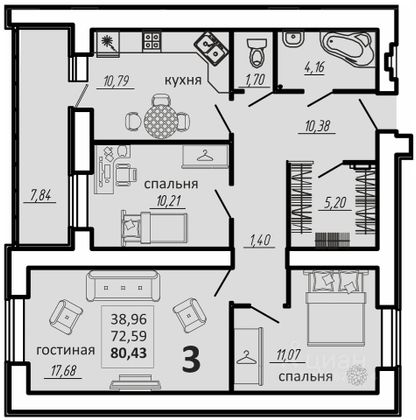 Продажа 3-комнатной квартиры 80,4 м², 1/15 этаж