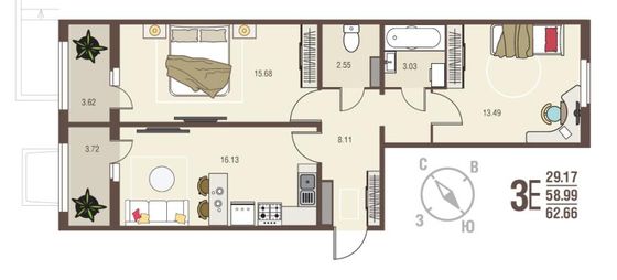 Продажа 2-комнатной квартиры 62,7 м², 1/10 этаж