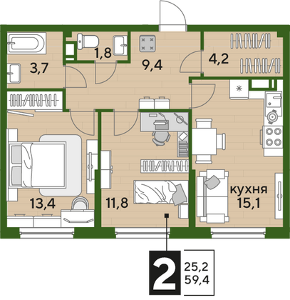 Продажа 2-комнатной квартиры 59,4 м², 10/16 этаж