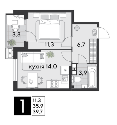 Продажа 1-комнатной квартиры 39,7 м², 7/9 этаж
