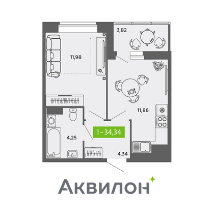 34,3 м², 1-комн. квартира, 3/9 этаж