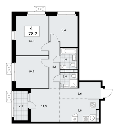 78,2 м², 4-комн. квартира, 10/17 этаж