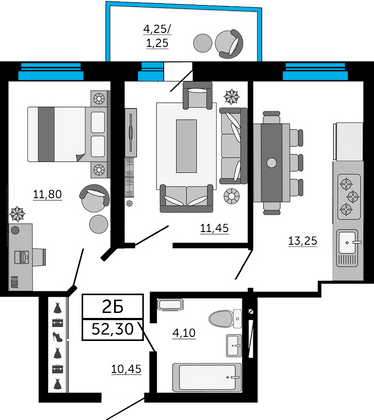 52,3 м², 2-комн. квартира, 11/21 этаж